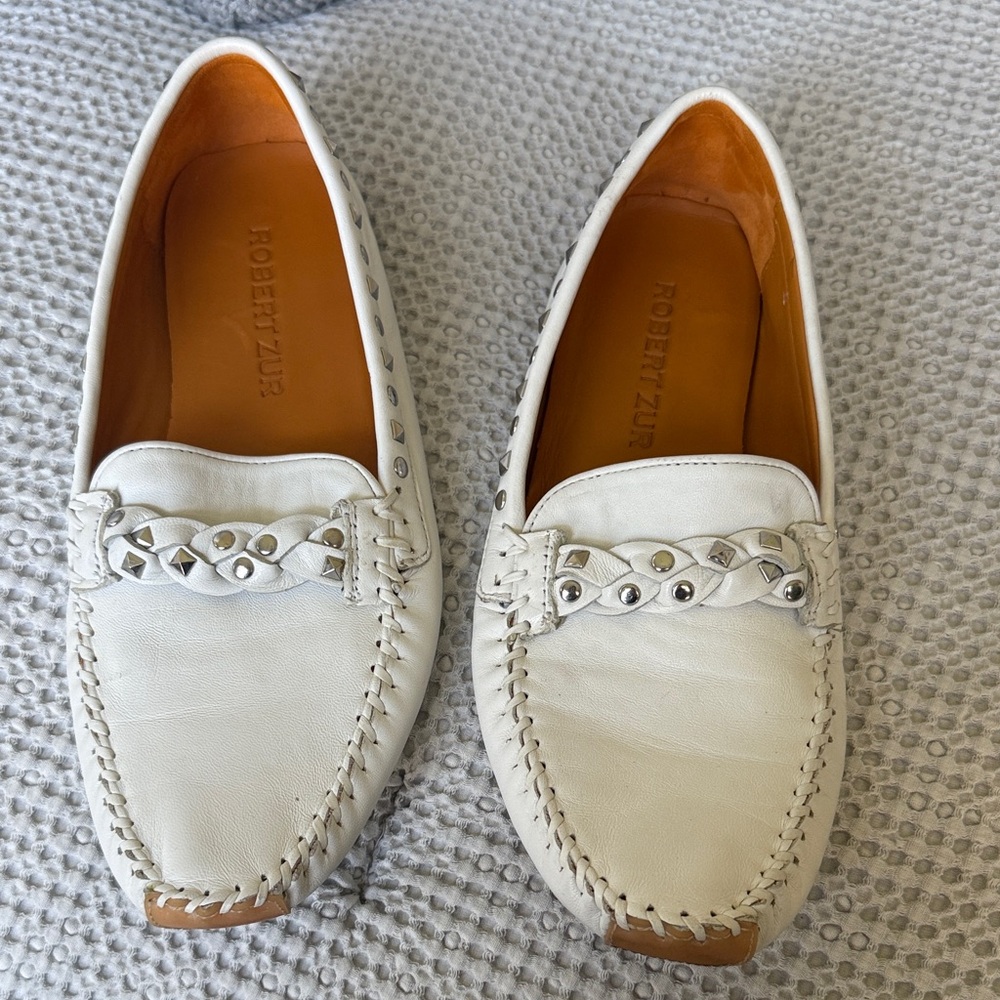 Robert Zur White Leather Loafers with Braided Accent Size 10M